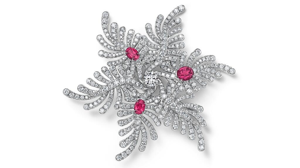 A platinum “Palm” brooch featuring three unenhanced, oval rubies totaling 1.79 carats accented by diamonds (price upon request) Tiffany & Co. Blue Book 2026: Hidden Garden Palm Unenhanced Ruby Brooch